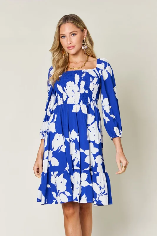 Limited Time Discount Double Take Full Size Floral Ruffle Hem Smocked Dress with Pockets