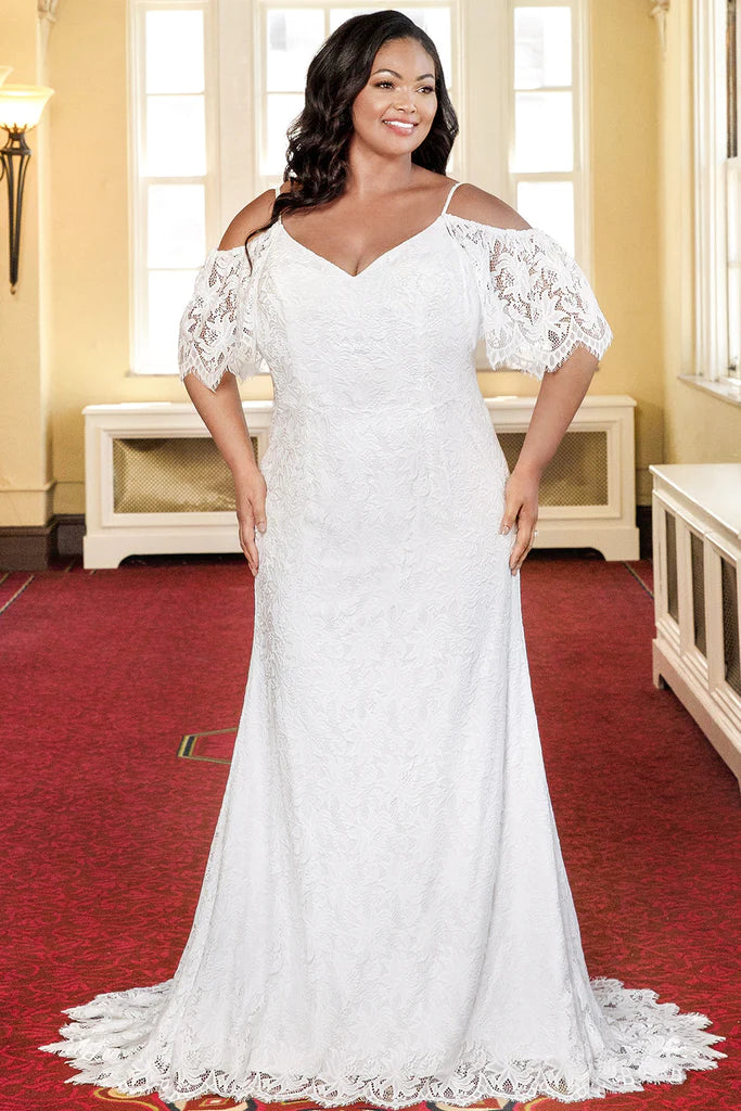 Members Only Michelle Bridal For Sydney's Closet MB2306 Slim Sheath Boho Lace With Eyelash Trim Bridal Tulle V-Neck  Plus Size "Kahlo" Bridal Gown