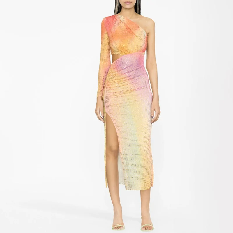 Hurry In Ombre Rainbow Rhinestone Cutout Split Ruched One Shoulder Mesh Midi Cocktail Dress