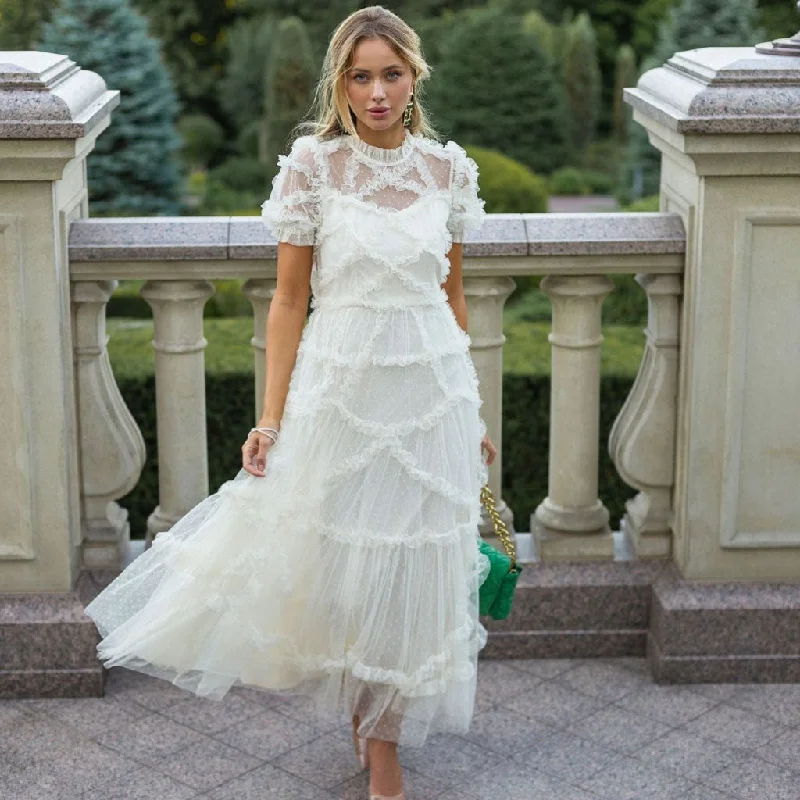 Midnight Sale French Style Frill Neck Short Sleeve A Line Dotted Ruffle Tulle Tiered Maxi Dress