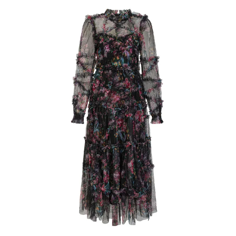 Great Bargains Exquisite Ruffled Mock Neck Long Sleeve Floral Gauze Tiered Maxi Dress