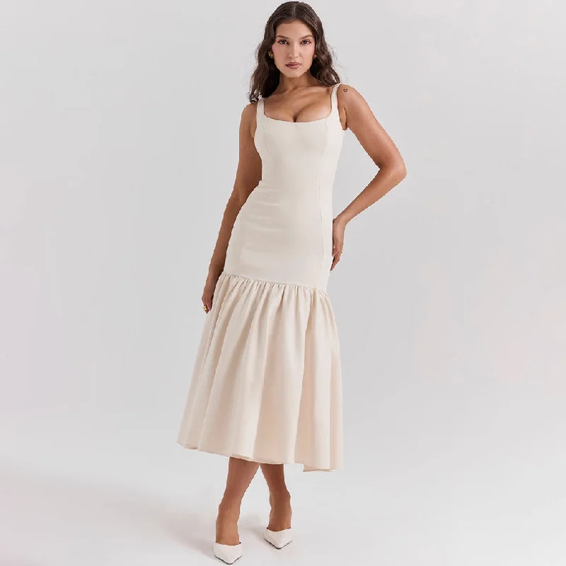 Midnight Madness Classy Square Neck Suspender Strap Drop Waist Ruffle Midi Sundress