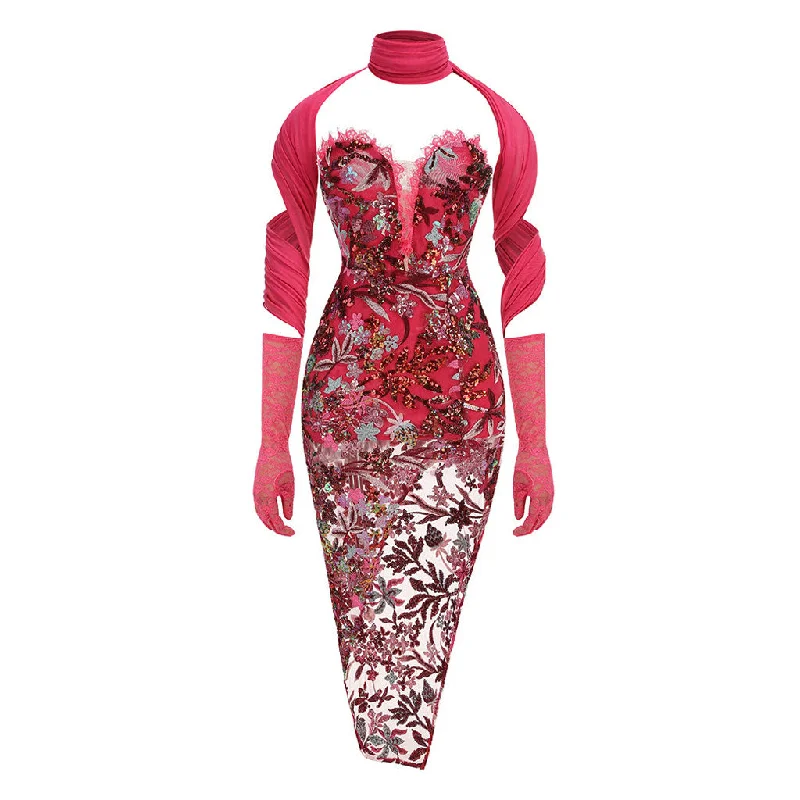 Special Price Unique Gloved Scarf Sequin Floral Embroidered Mesh Eyelash Strapless Midi Dress