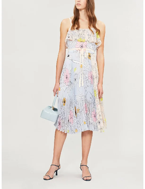 Floral Print Midi Pleated Dress In Multicolor