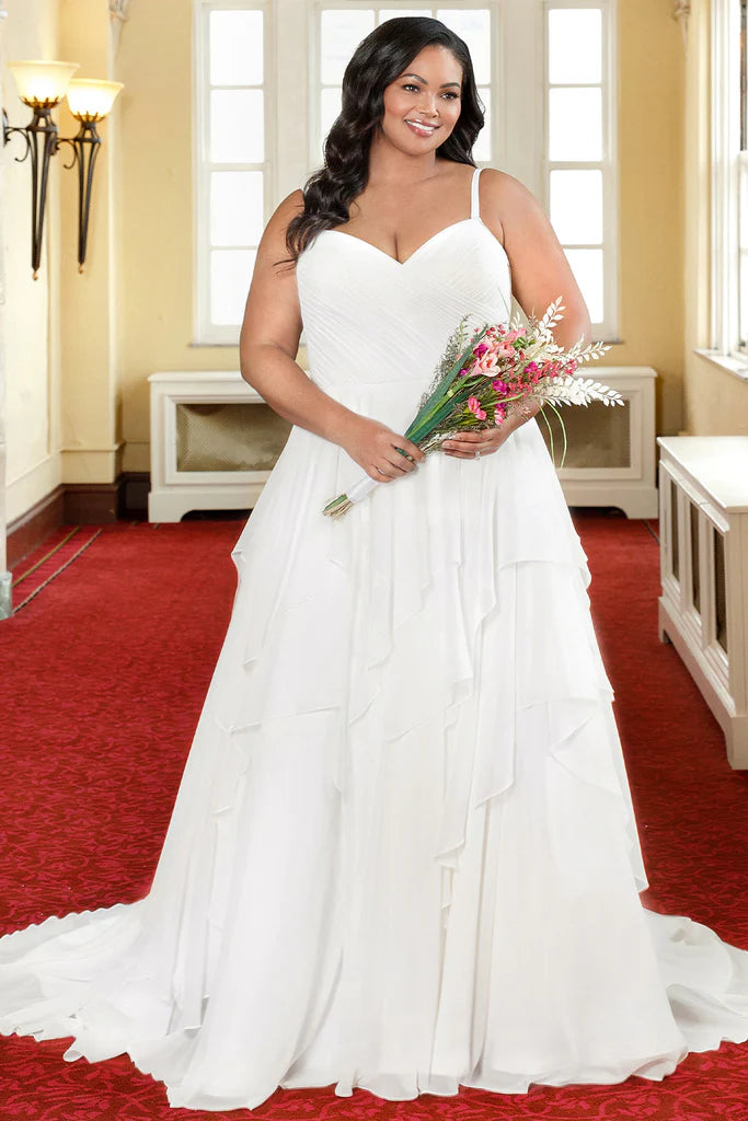 Clearance Sale Michelle Bridal For Sydney's Closet MB2312 A-Line Chiffon Modified V-Neck Pleated Bodice Tiered Skirt Plus Size "Lucinda" Bridal Gown