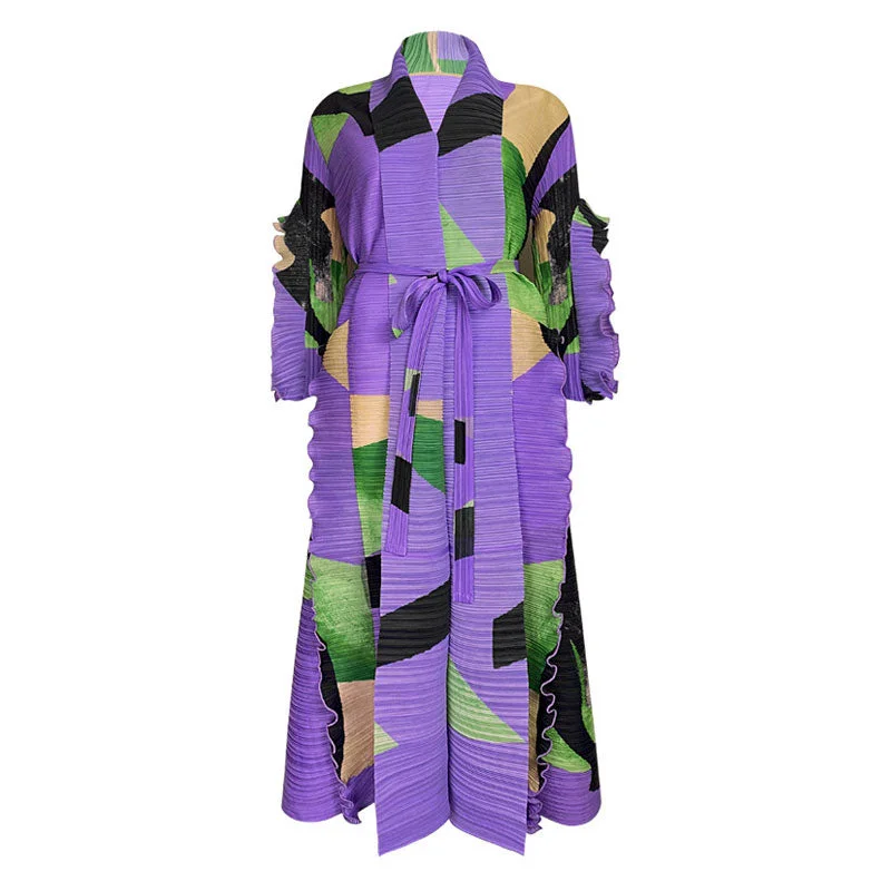 Bargain Bin Artistic Color Block V Neck Ruffled Sleeve Self Tie Belted Pleated Midi Dress