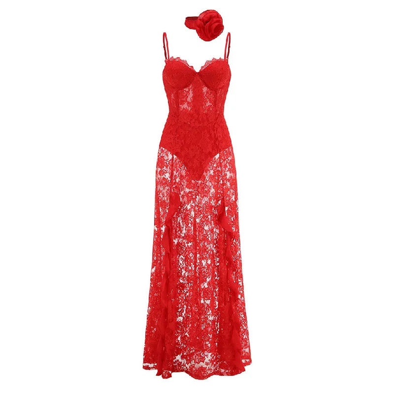 Don't Wait Romantic Rosette Scarf Eyelash Bustier Ruffle Sheer Lace Slip Maxi Dress