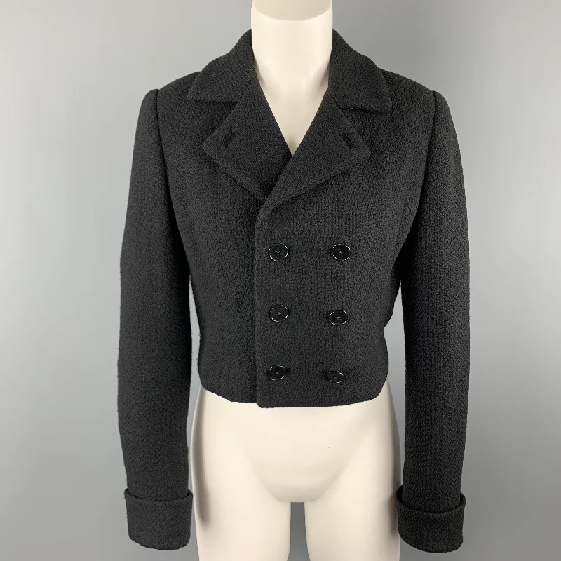 Year-End Sale RALPH LAUREN Size 6 Black Wool Blend Woven Cropped Double Breasted Jacket
