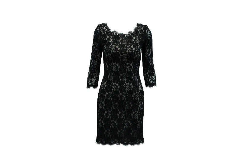 Diane Von Furstenberg Lace Long Sleeves Dress in Black Rayon