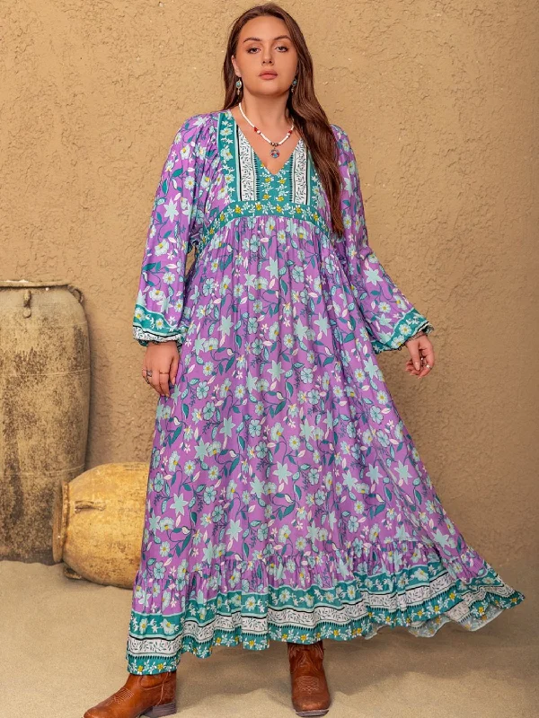 Online Only Plus Size Printed V-Neck Long Sleeve Maxi Dress