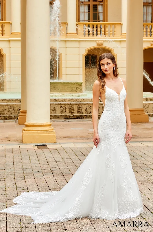 Great Deals Amarra Bridal "Hart" 84368 Size 6 Backless Mermaid Wedding Dress Bridal Gown Train Sheer Lace