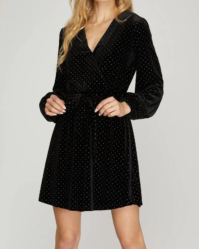 Super Bargain Long Sleeve Surplice W/ Gold Dots In Black | Black