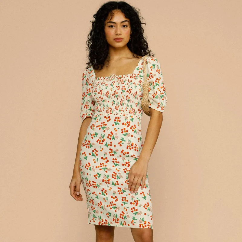 Special Price Square Neck Printed Puff Sleeve Shirred French Midi Dress - Beige