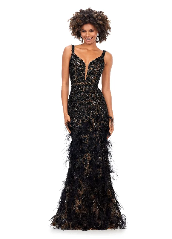 Overstock Ashley Lauren 11279 Sequin & Feather Evening Gown Prom Dress