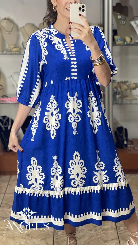 Weekend Flash Sale Cobalt Blue Border Print Midi Dress
