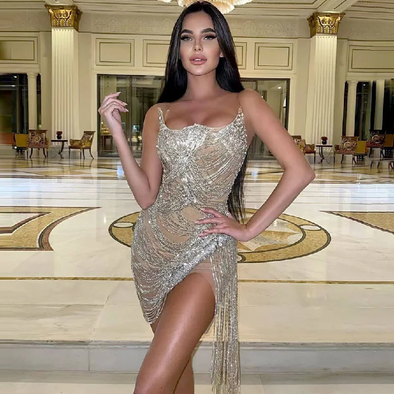 Great Deals Sparkly Crystal Chain Linked Tassel Detail Sweetheart Bodycon Mini Party Dress