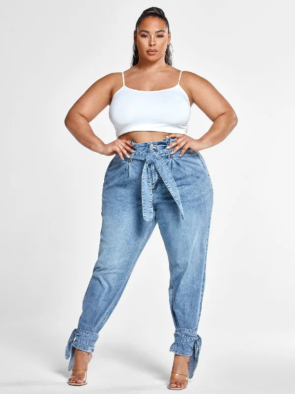 Major Savings High Rise Paperbag Waist Jeans with Ankle Ties - Short Inseam