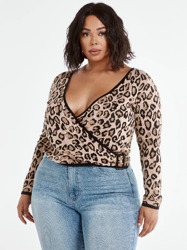 Deal Frenzy Georgina Leopard Print Wrap Sweater with Belt Buckle
