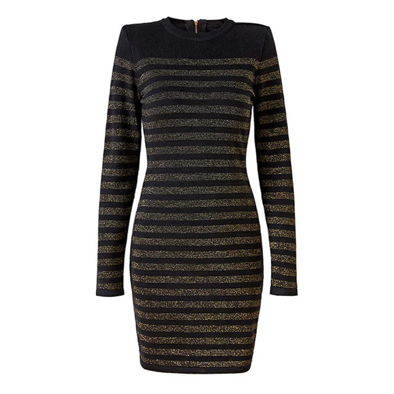 Online Specials Metallic Striped Button Detail Long Sleeve Bandage Knit Bodycon Mini Party Dress