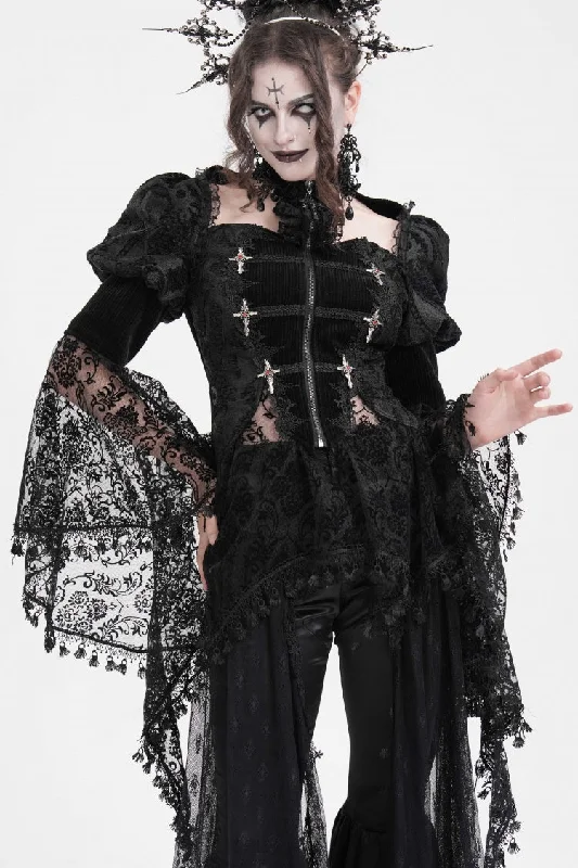 Deal Zone Black Long Sleeves Hollow Lace Tassels Women's Gothic Jacket