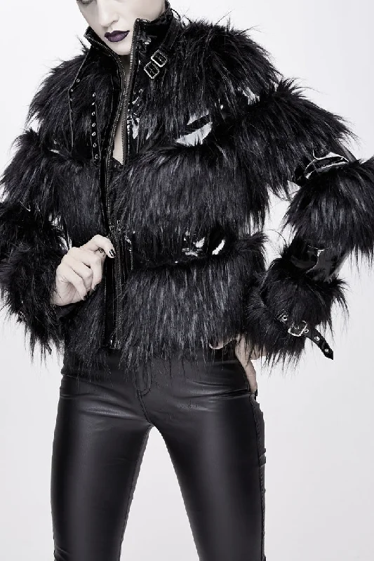 Black Metal Buckle Loop Stand Up Collar Splice Patent Leather Woolen Women's Punk Coat