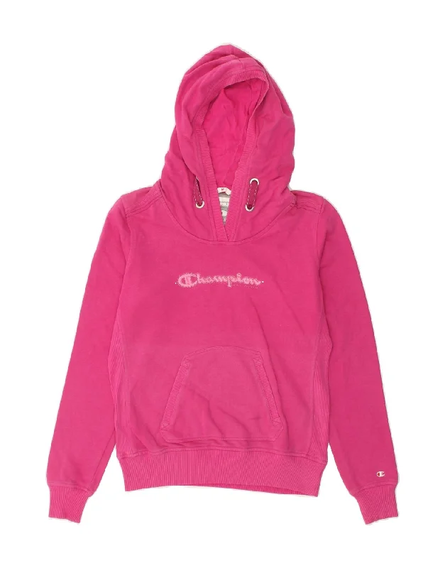 Discount Mania CHAMPION Womens Graphic Hoodie Jumper UK 12 Medium Pink Cotton