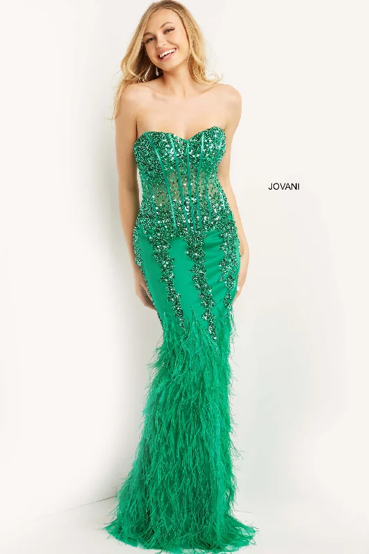 Jovani 08142 Size 6 Emerald Long Fitted Feather Prom Dress Pageant Gown Strapless Sheer Mermaid