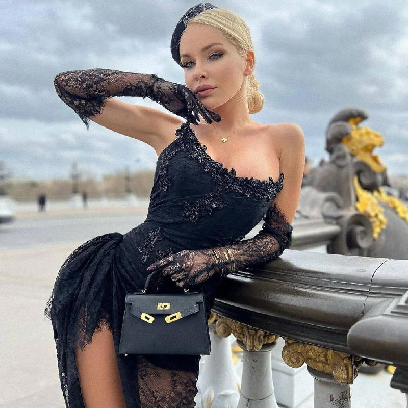 Online Only Sexy Gloved Lace Rhinestone Strapless Ruched Corset Split Maxi Evening Dress Online Only Sexy Gloved Lace Rhinestone Strapless Ruched Corset Split Maxi Evening Dress