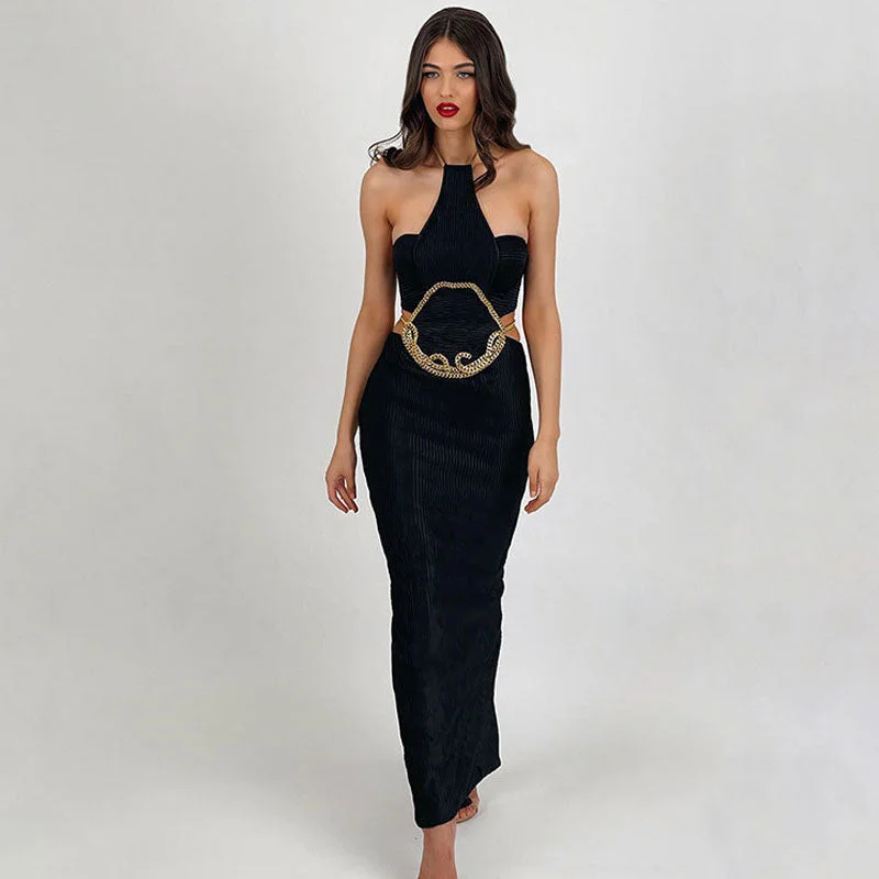 Reduced Prices Edgy Chain Linked Halter Backless Cut Out Slit Textured Bandage Maxi Evening Dress