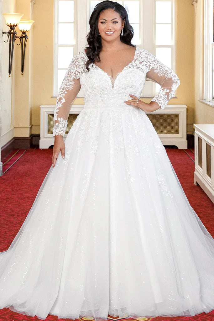 Unmissable Offer Michelle Bridal For Sydney's Closet MB2316 A-Line Embroidered Floral Appliques Clear Sequins Bugle Beads Petal Beads Bridal Tulle Floral Lace Long Sleeves Covered Buttons V-Neck Plus Size "Cleo" Bridal Gown