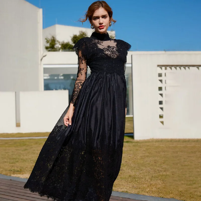 Price Drop Classy Sheer Floral Lace Mock Neck Long Sleeve A Line Gown Maxi Dress