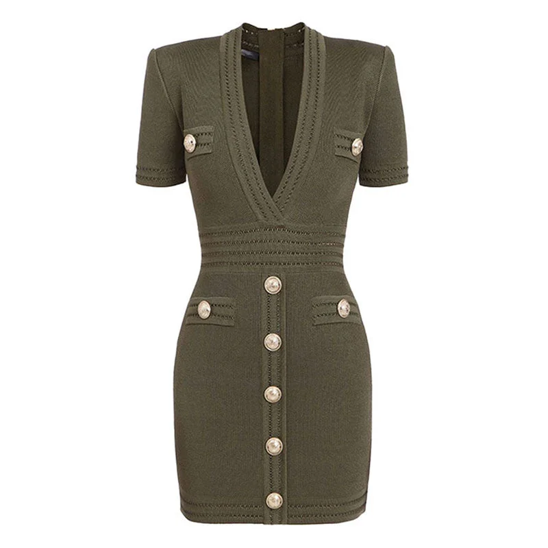 Crazy Deals Chic Embossed Button Deep V Shoulder Pad Short Sleeve Textured Knit Mini Dress Crazy Deals Chic Embossed Button Deep V Shoulder Pad Short Sleeve Textured Knit Mini Dress