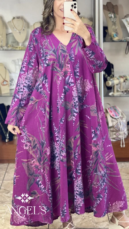 Early Access Long Sleeves Floral OS Linen Maxi Dress