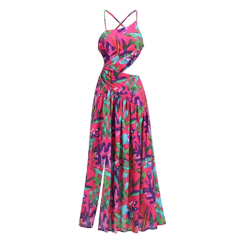 Limited Edition Asymmetrical Gathered Cutout Floral Print High Split Backless Slip Maxi Dress