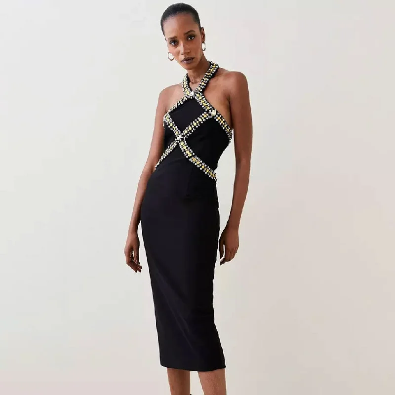 Early Access Luxury Rhinestone Embellished Halter Neck Open Back Bandage Midi Cocktail Dress Early Access Luxury Rhinestone Embellished Halter Neck Open Back Bandage Midi Cocktail Dress