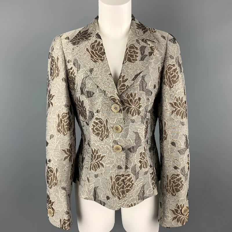 Great Deals ARMANI COLLEZIONI Size 8 Grey & Taupe Floral Print Bell Sleeve Blazer