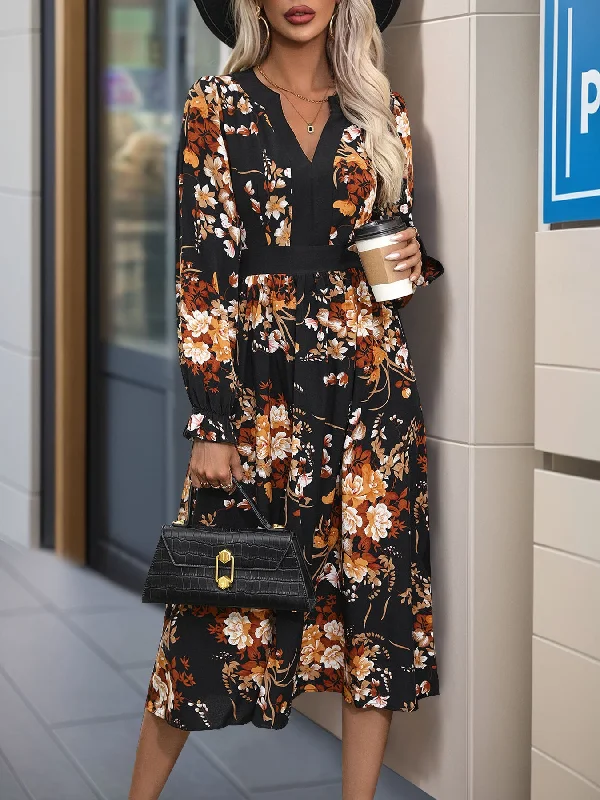 Daily Deals Printed Notched Long Sleeve Midi Dress