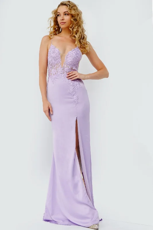 Jovani 23124 Lace Bodice Plunging Neckline Prom Dress Lace Train Evening Gown