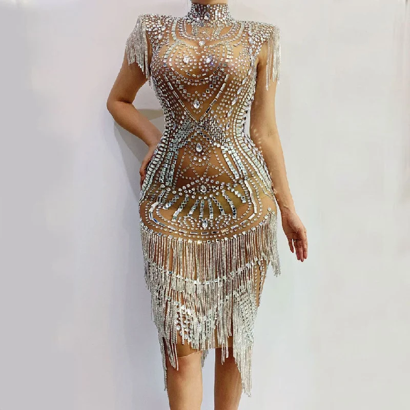 Anniversary Sale Sparkly Rhinestone Fringe Trim Shoulder Pad High Neck Mesh Midi Party Dress