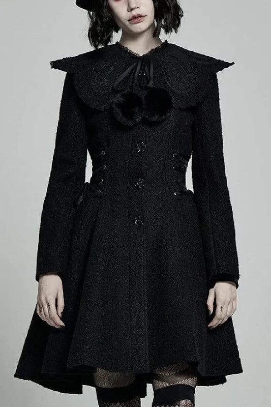 Get It Before It’s Gone Black Fur Collar Fur Ball Decoration Long Sleeves Rose Button Womens Gothic Coat With Removable Collar