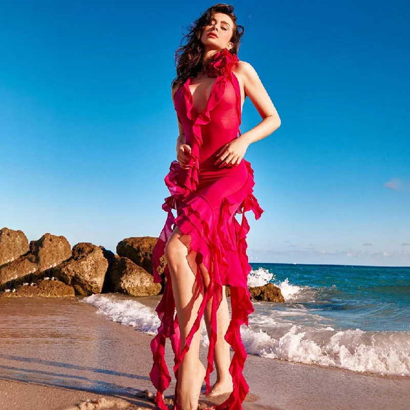 Grand Opening Sale Sexy Rosette Corsage Halter Neck Layered Ruffle Hem Asymmetrical Sheer Mesh Dress