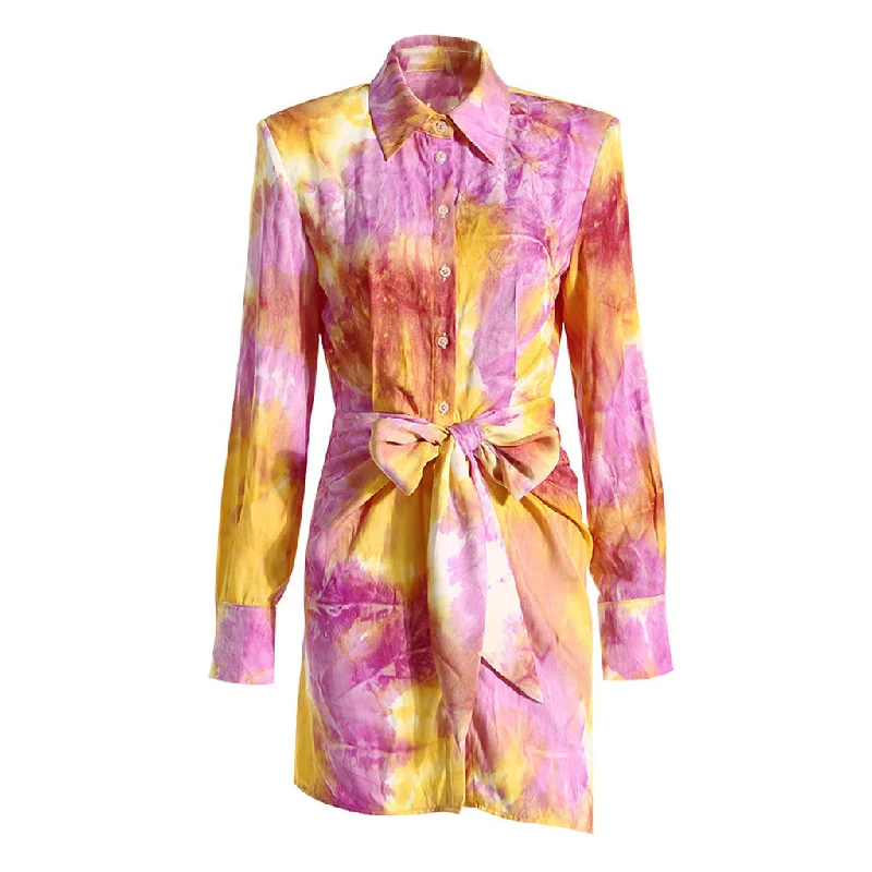 Mega Deal Multicolor Tie Dye Print Collared Long Sleeve Tie Front Button Up Mini Shirt Dress
