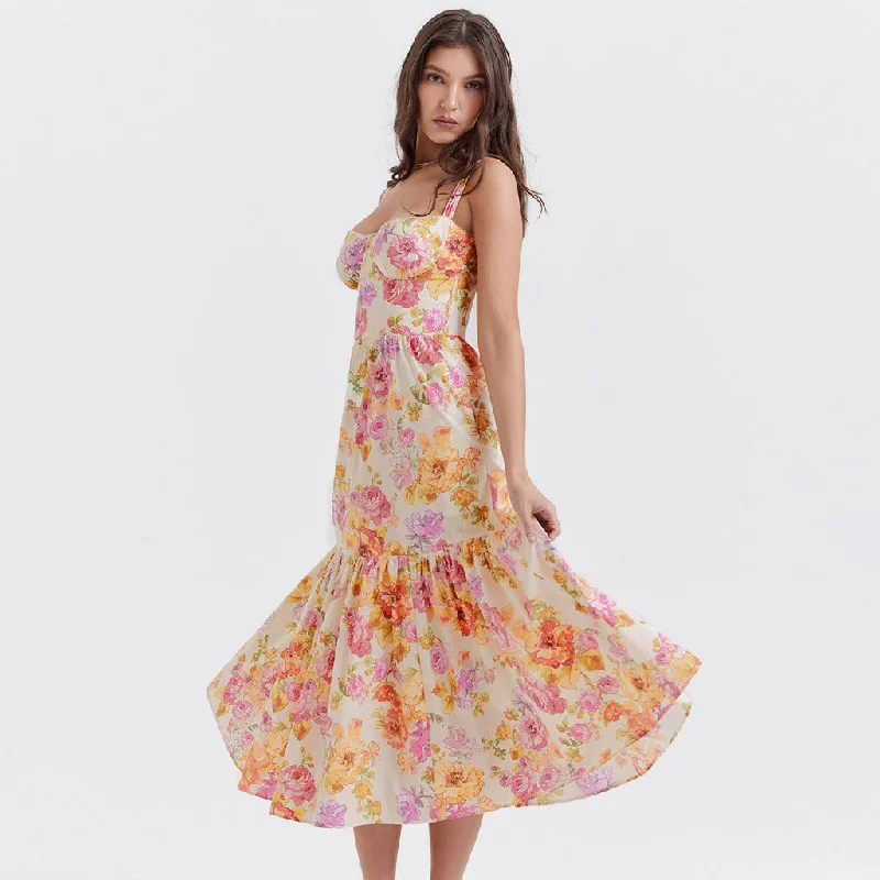Overstock Sale Feminine Floral Print Sweetheart Suspender Strap Fit and Flare Midi Sundress
