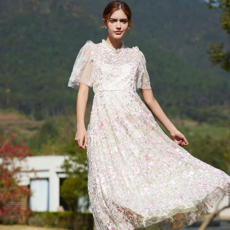 Today Only Lavish Short Sleeve Frill Neck A Line Summer Embroidered Floral Tulle Maxi Dress