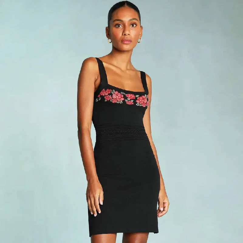 Price Reduction Vintage Square Neck Embroidered Knit Tank Mini Dress - Black