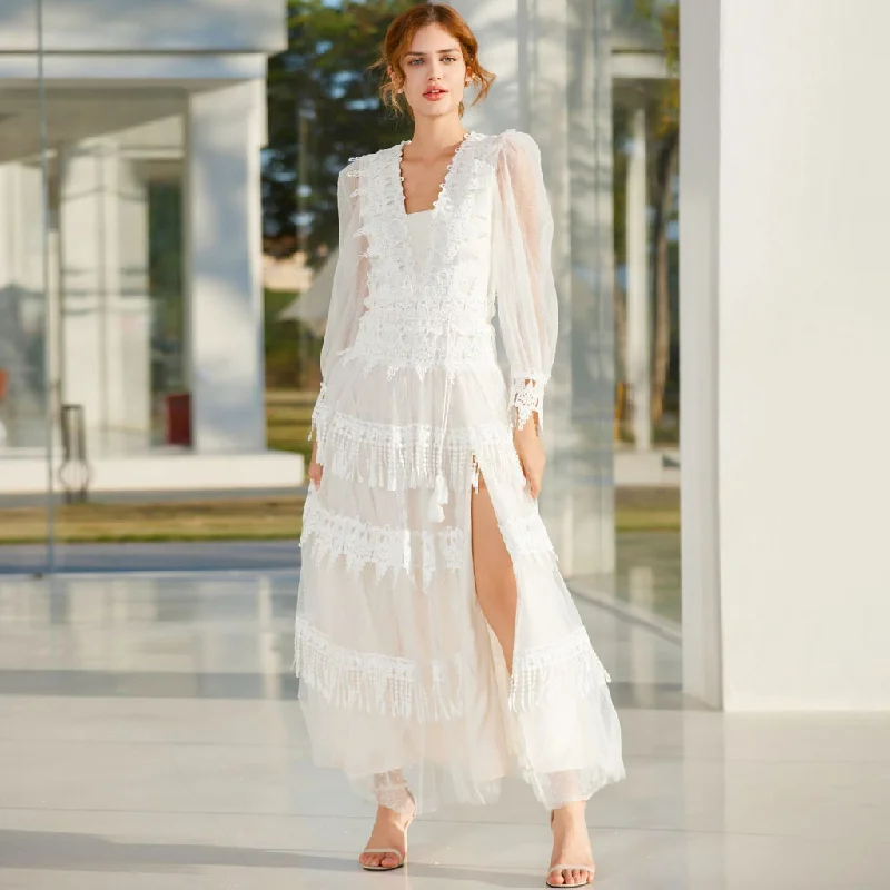 Stock Up and Save French Style Polka Dot Print Bishop Sleeve High Split Tassel Layered Lace Maxi Dress Stock Up and Save French Style Polka Dot Print Bishop Sleeve High Split Tassel Layered Lace Maxi Dress