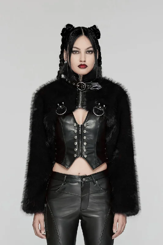 Best Deals Black Stand Collar Long Sleeves Women's Punk Faux Fur Short Jacket