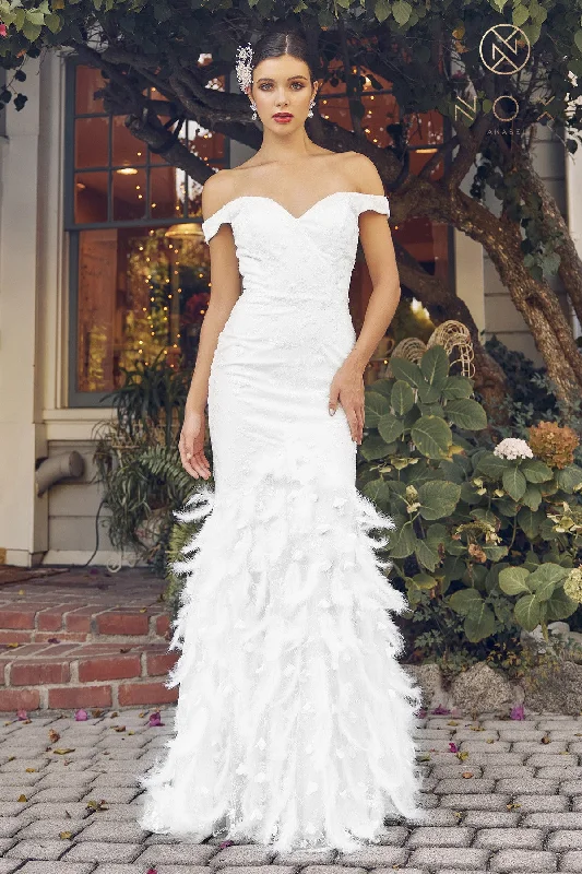 Massive Deals Nox Anabel C1106W Long Fitted Mermaid Feather Lace Wedding Gown Prom Dress off the shoulder