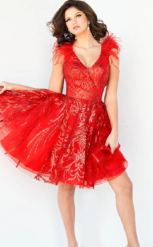 Jovani 09466 Short Fit & Flare Red Feather Cocktail Dress Formal Glitter V Neck Gown