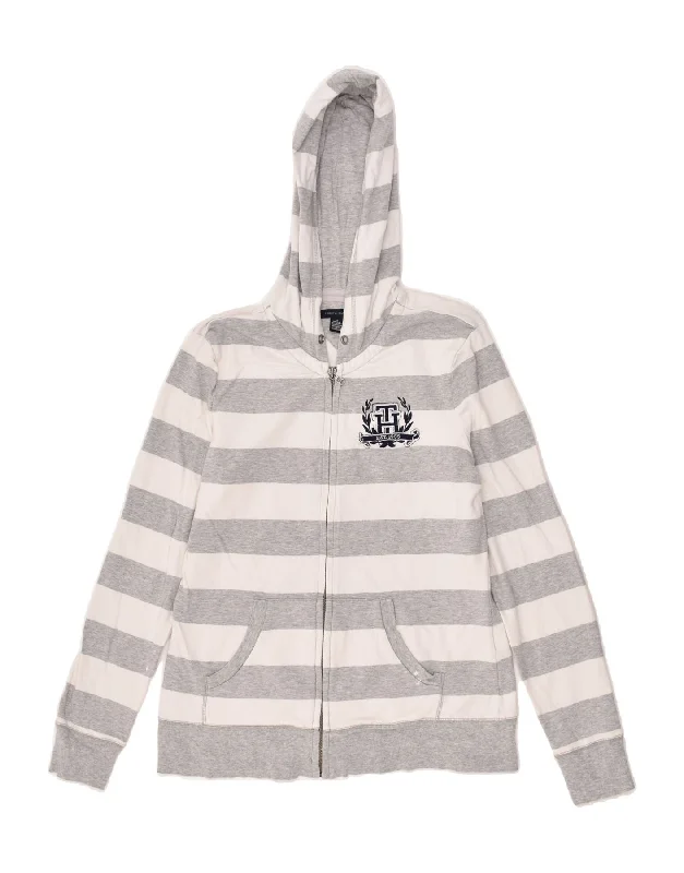 Deal Dash TOMMY HILFIGER Womens Zip Hoodie Sweater UK 14 Medium Grey Striped Cotton